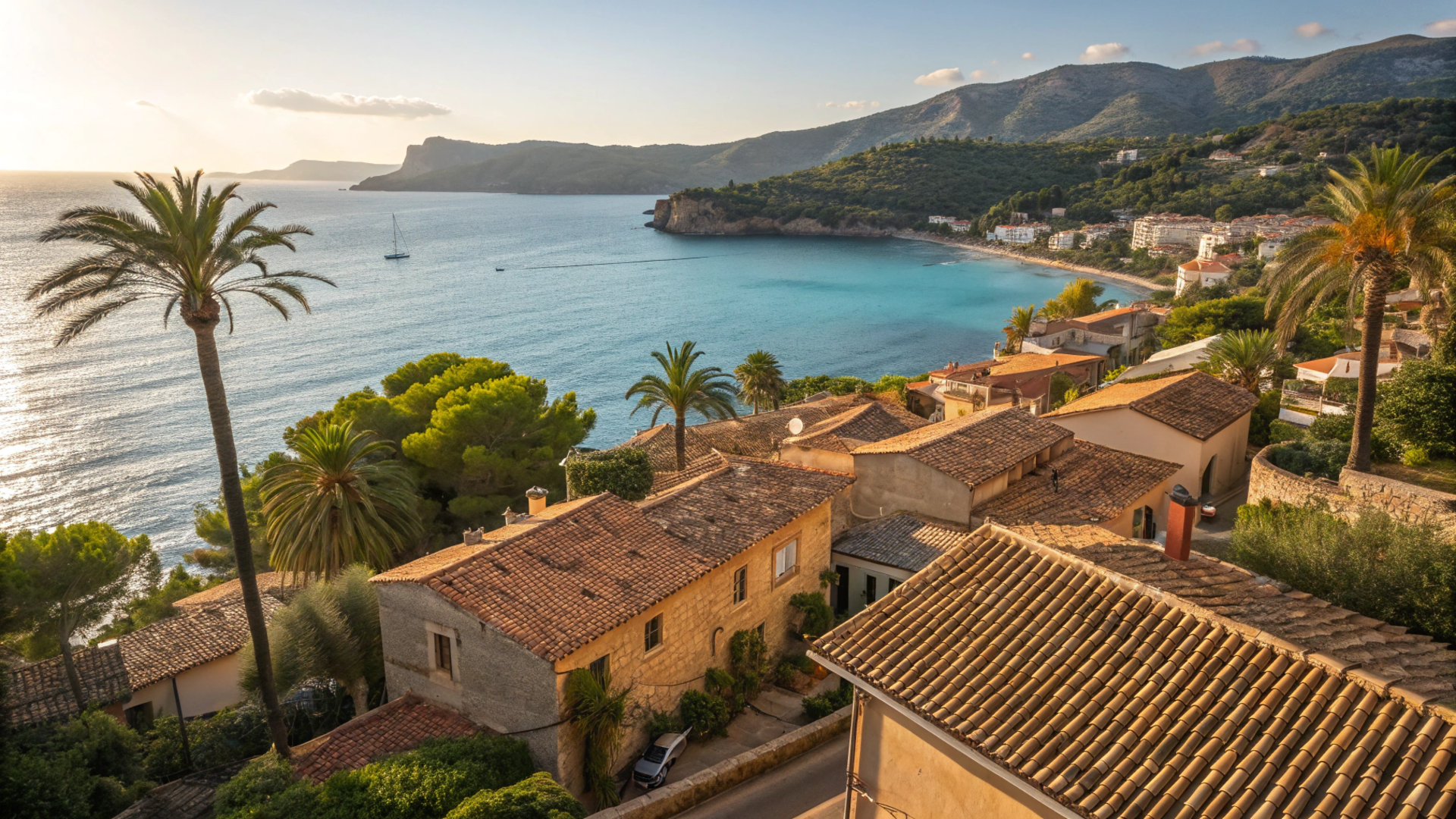 Vista panorámica de Mallorca con tejados mediterráneos y mar azul